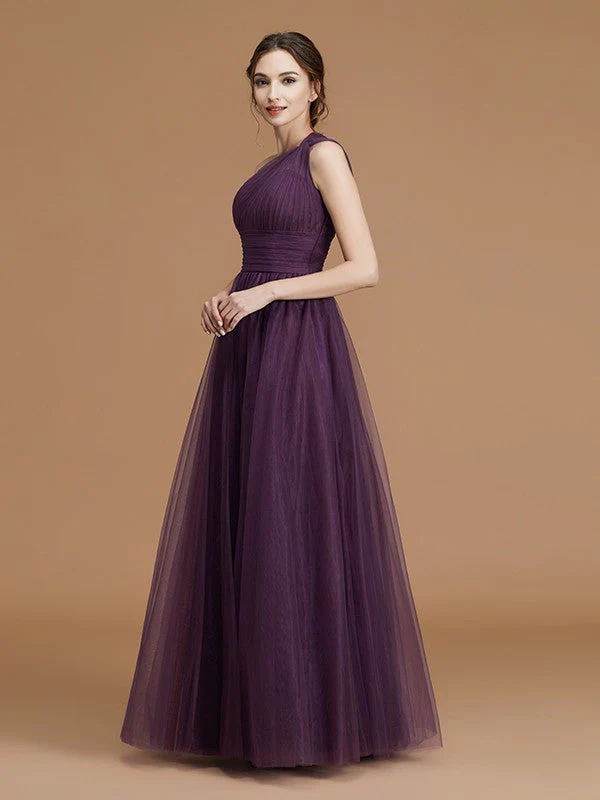 Classy Sleeveless One Shoulders Ruched Tulle Bridesmaid Dresses - Image 6