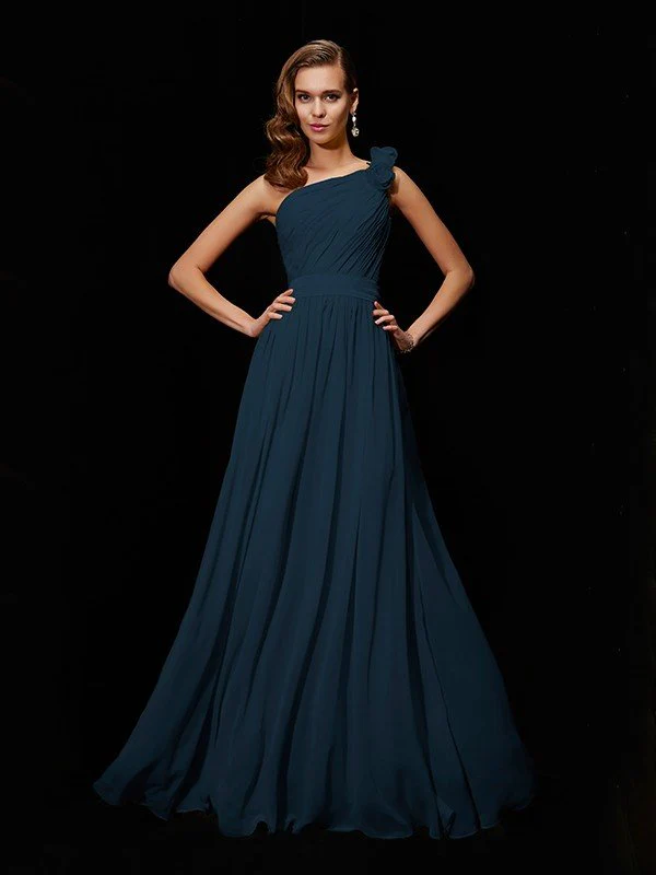 Classy Sleeveless One Shoulders Hand-Made Flower Long Chiffon Bridesmaid Dresses - Image 10