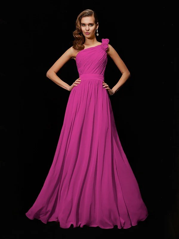 Classy Sleeveless One Shoulders Hand-Made Flower Long Chiffon Bridesmaid Dresses - Image 11