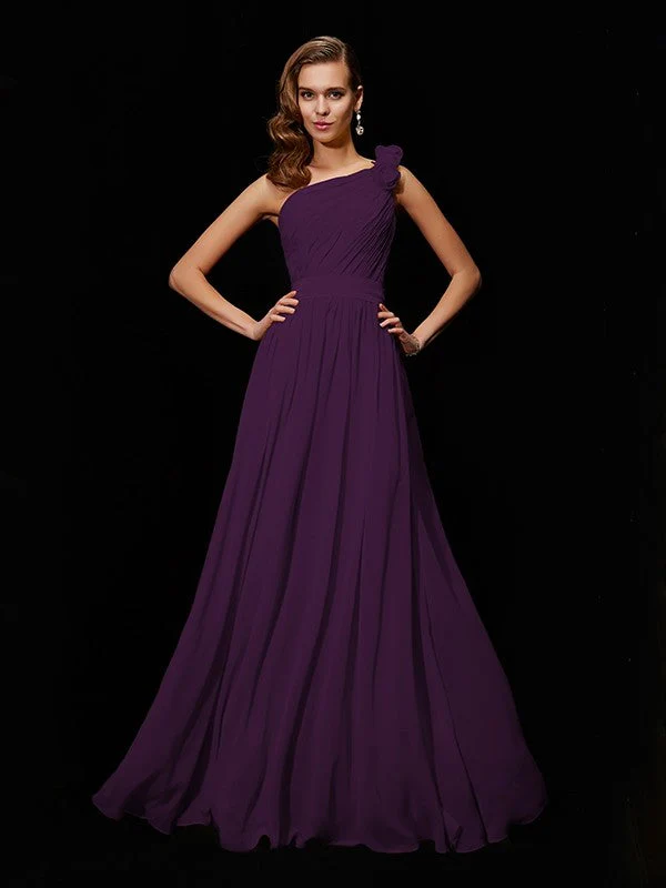 Classy Sleeveless One Shoulders Hand-Made Flower Long Chiffon Bridesmaid Dresses - Image 12