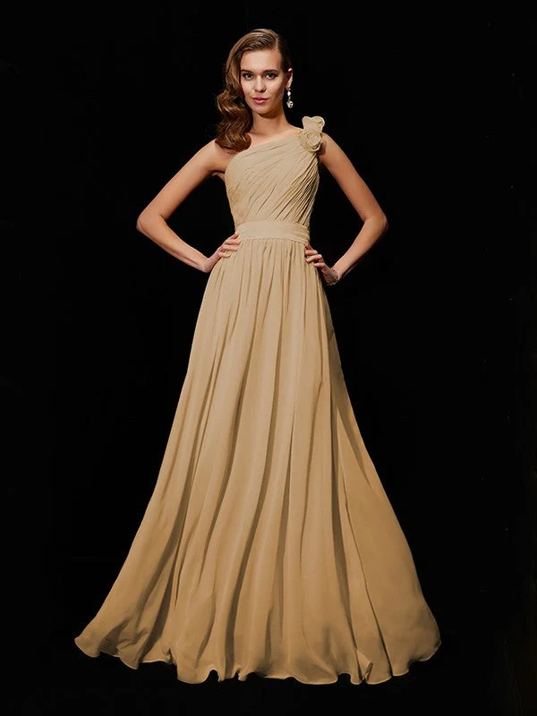 Classy Sleeveless One Shoulders Hand-Made Flower Long Chiffon Bridesmaid Dresses - Image 13