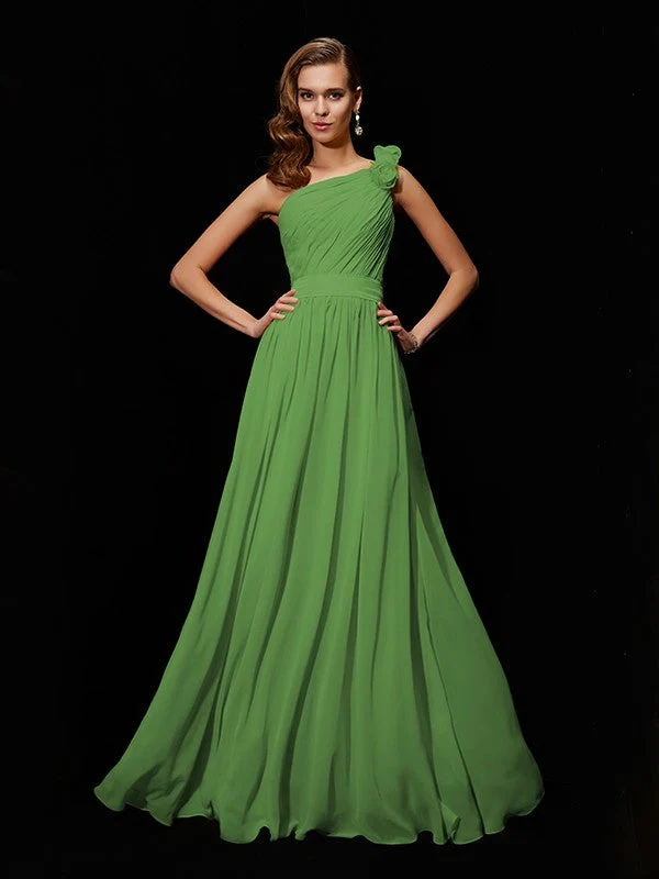 Classy Sleeveless One Shoulders Hand-Made Flower Long Chiffon Bridesmaid Dresses - Image 14