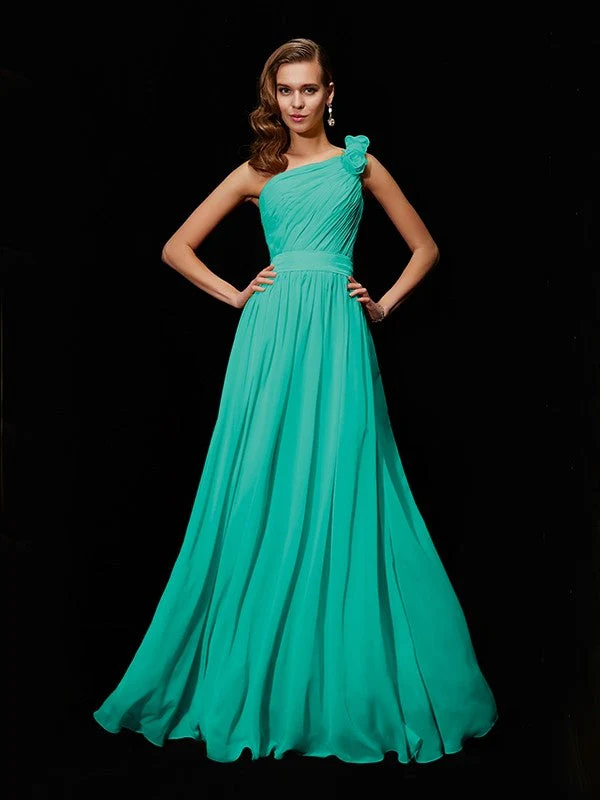 Classy Sleeveless One Shoulders Hand-Made Flower Long Chiffon Bridesmaid Dresses - Image 15