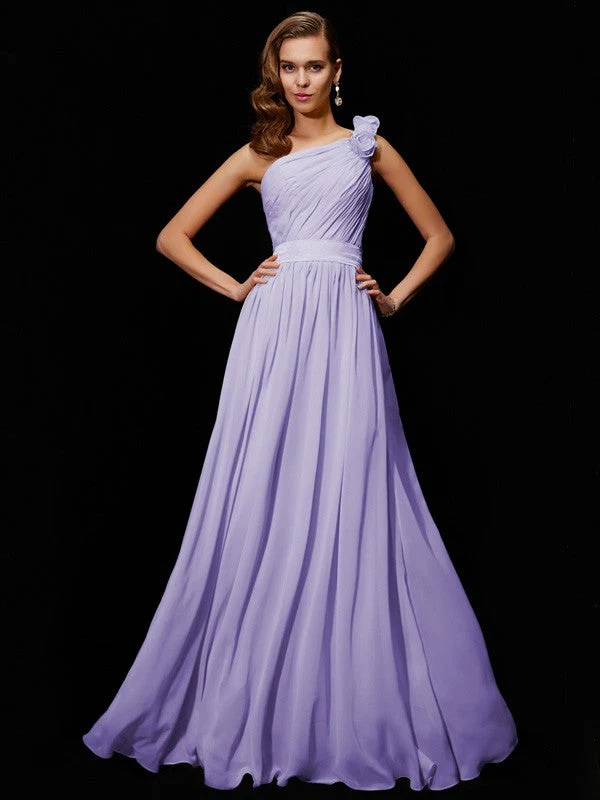 Classy Sleeveless One Shoulders Hand-Made Flower Long Chiffon Bridesmaid Dresses - Image 16