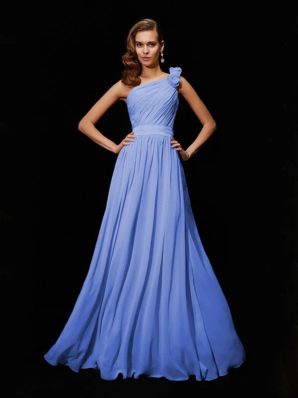 Classy Sleeveless One Shoulders Hand-Made Flower Long Chiffon Bridesmaid Dresses - Image 17