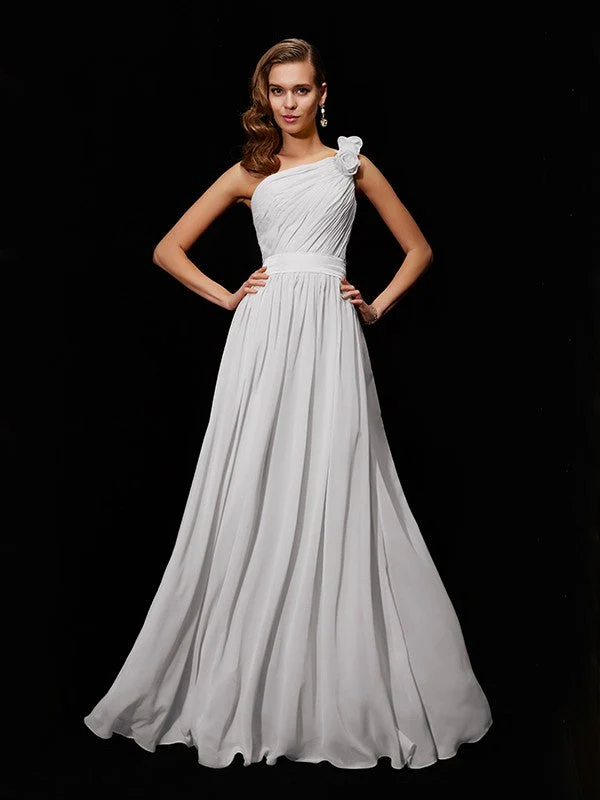 Classy Sleeveless One Shoulders Hand-Made Flower Long Chiffon Bridesmaid Dresses - Image 18