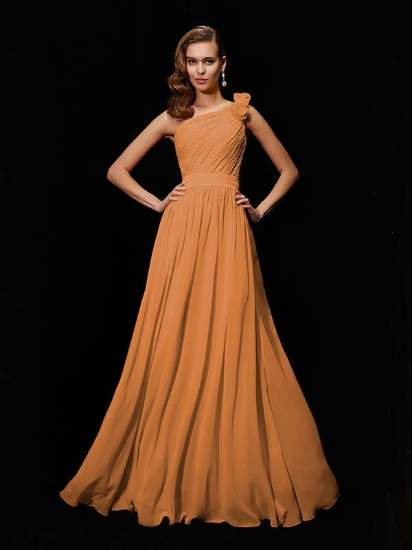 Classy Sleeveless One Shoulders Hand-Made Flower Long Chiffon Bridesmaid Dresses - Image 19