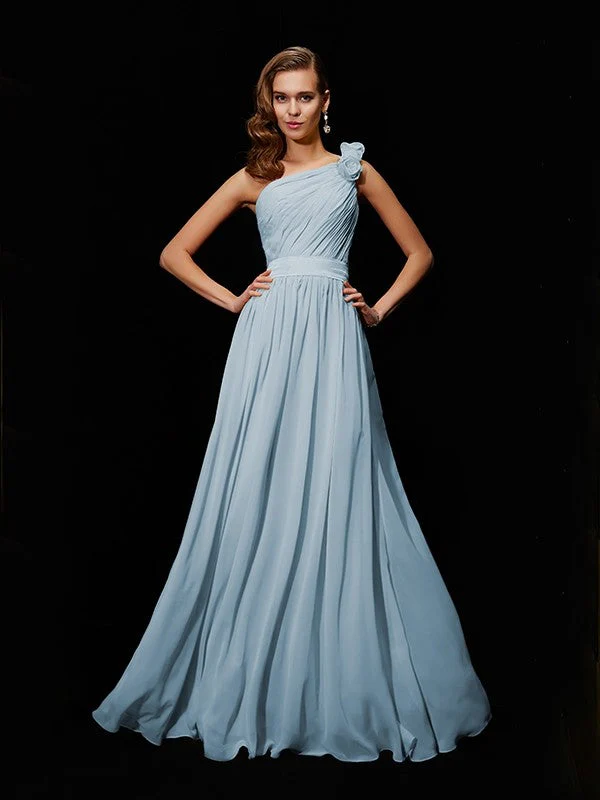 Classy Sleeveless One Shoulders Hand-Made Flower Long Chiffon Bridesmaid Dresses - Image 20