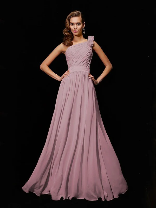 Classy Sleeveless One Shoulders Hand-Made Flower Long Chiffon Bridesmaid Dresses - Image 21
