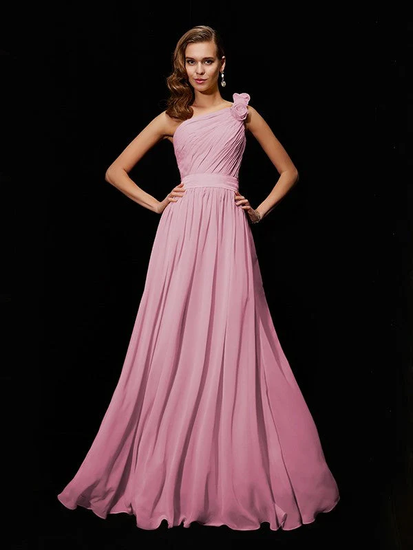Classy Sleeveless One Shoulders Hand-Made Flower Long Chiffon Bridesmaid Dresses - Image 22