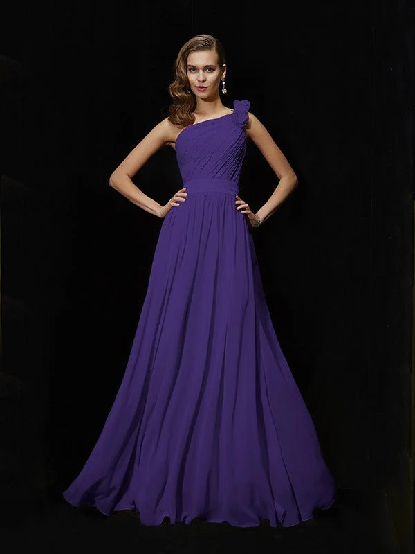 Classy Sleeveless One Shoulders Hand-Made Flower Long Chiffon Bridesmaid Dresses - Image 23