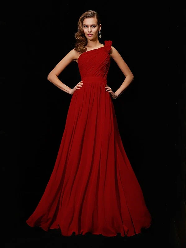 Classy Sleeveless One Shoulders Hand-Made Flower Long Chiffon Bridesmaid Dresses - Image 24