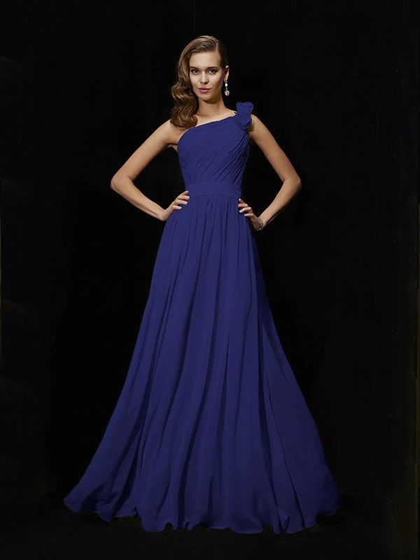 Classy Sleeveless One Shoulders Hand-Made Flower Long Chiffon Bridesmaid Dresses - Image 25