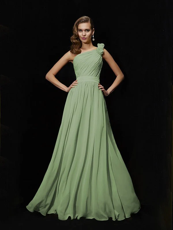 Classy Sleeveless One Shoulders Hand-Made Flower Long Chiffon Bridesmaid Dresses - Image 26