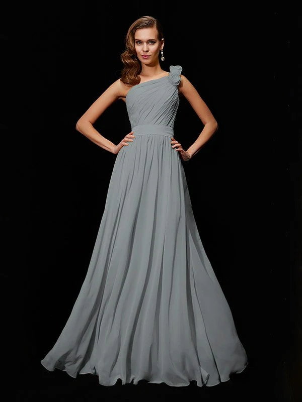 Classy Sleeveless One Shoulders Hand-Made Flower Long Chiffon Bridesmaid Dresses - Image 27
