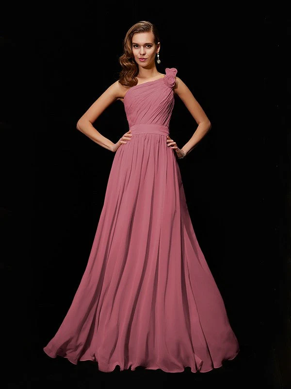 Classy Sleeveless One Shoulders Hand-Made Flower Long Chiffon Bridesmaid Dresses - Image 28