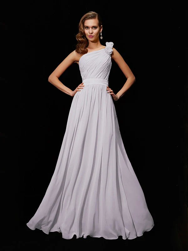 Classy Sleeveless One Shoulders Hand-Made Flower Long Chiffon Bridesmaid Dresses - Image 29
