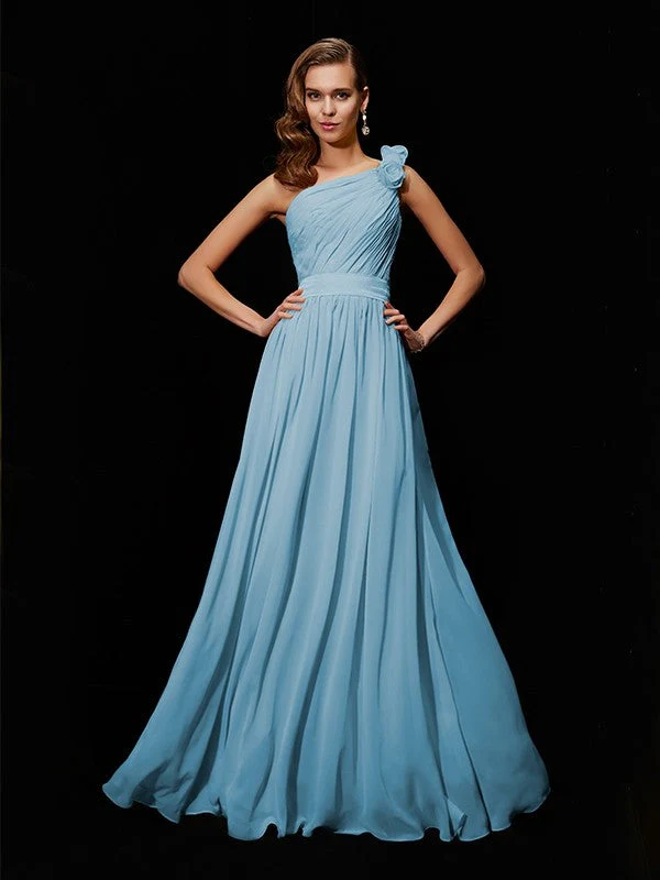 Classy Sleeveless One Shoulders Hand-Made Flower Long Chiffon Bridesmaid Dresses - Image 3