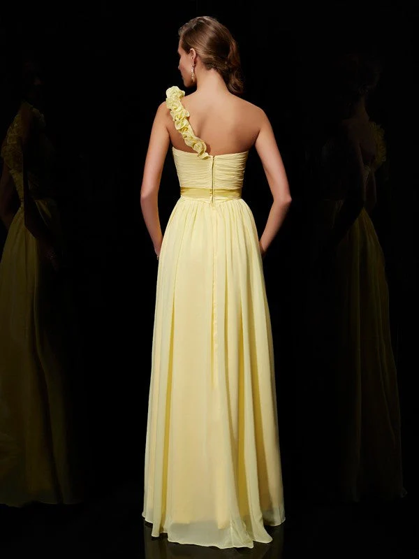 Classy Sleeveless One Shoulders Hand-Made Flower Long Chiffon Bridesmaid Dresses - Image 30