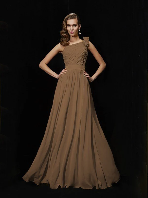 Classy Sleeveless One Shoulders Hand-Made Flower Long Chiffon Bridesmaid Dresses - Image 4