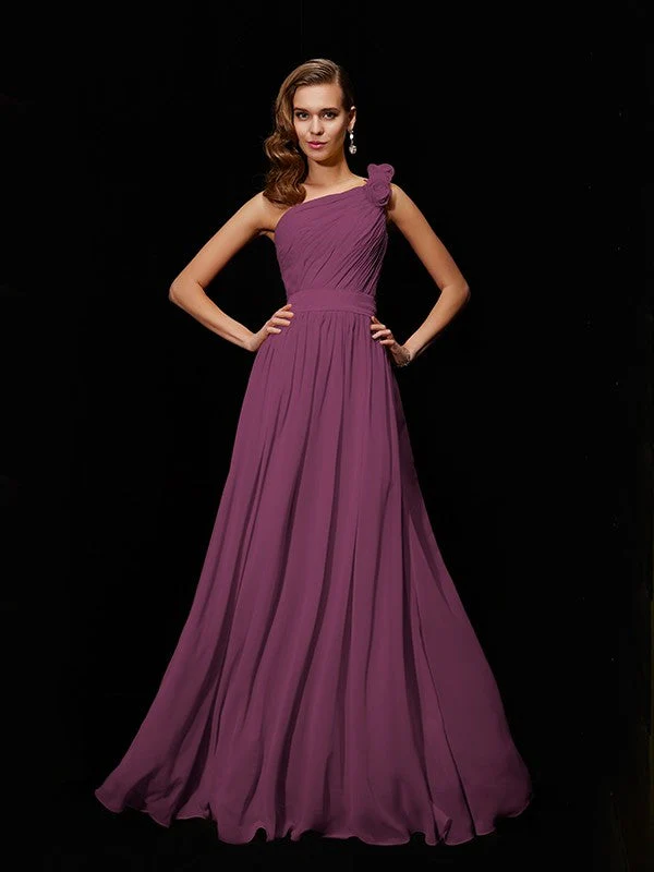 Classy Sleeveless One Shoulders Hand-Made Flower Long Chiffon Bridesmaid Dresses - Image 5