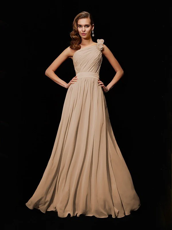Classy Sleeveless One Shoulders Hand-Made Flower Long Chiffon Bridesmaid Dresses - Image 6