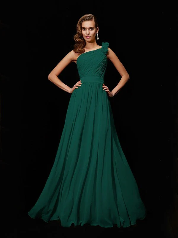 Classy Sleeveless One Shoulders Hand-Made Flower Long Chiffon Bridesmaid Dresses - Image 8