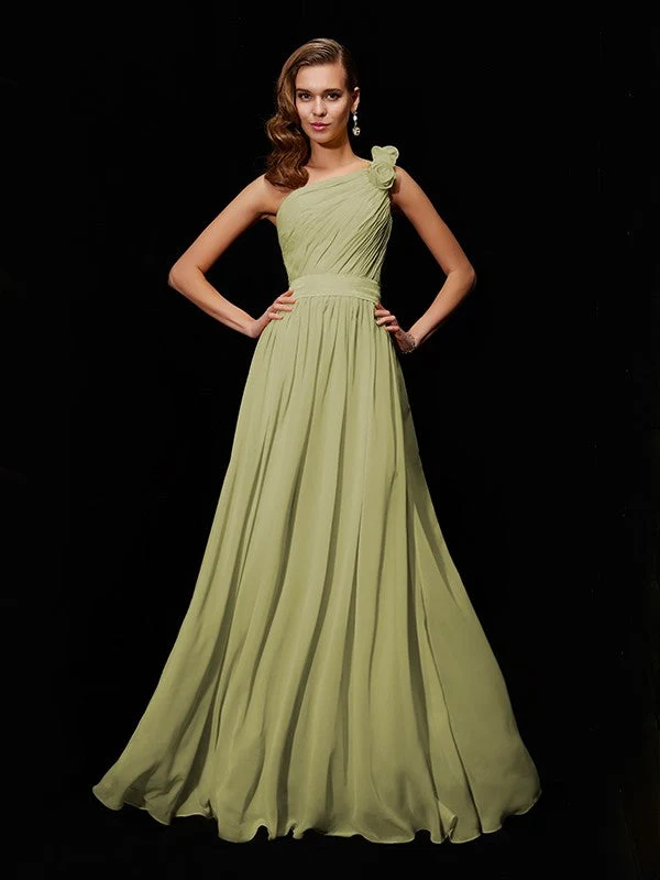 Classy Sleeveless One Shoulders Hand-Made Flower Long Chiffon Bridesmaid Dresses - Image 9