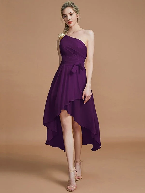 Classy Sleeveless One Shoulders Layers Asymmetrical Chiffon Bridesmaid Dresses - Image 17