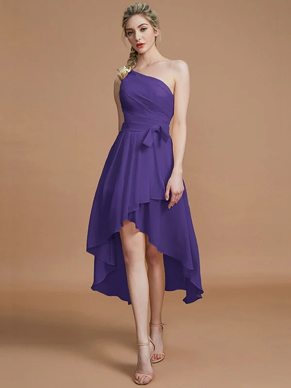 Classy Sleeveless One Shoulders Layers Asymmetrical Chiffon Bridesmaid Dresses - Image 29