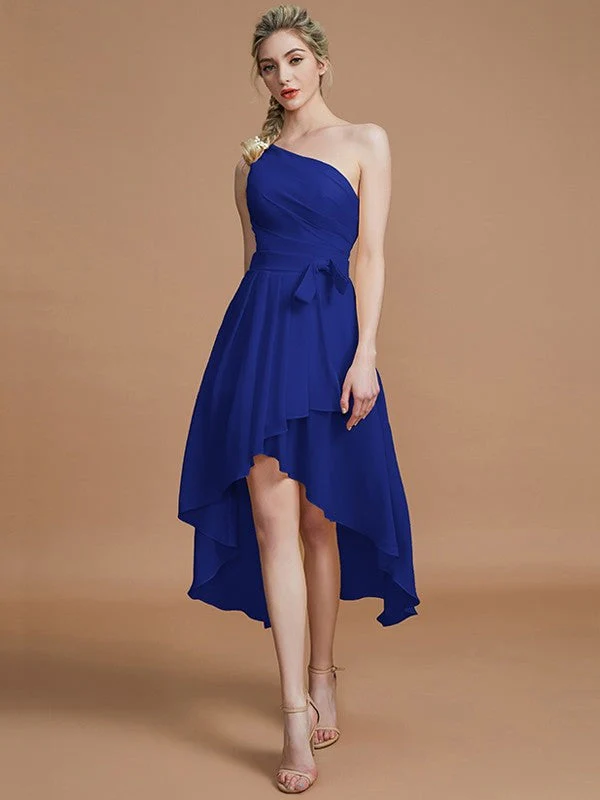 Classy Sleeveless One Shoulders Layers Asymmetrical Chiffon Bridesmaid Dresses - Image 30