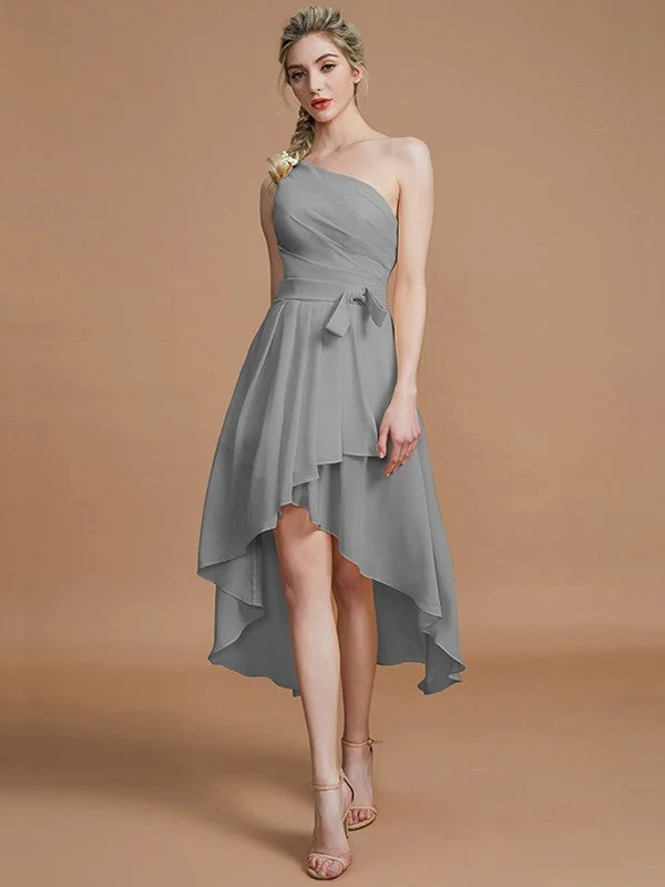 Classy Sleeveless One Shoulders Layers Asymmetrical Chiffon Bridesmaid Dresses - Image 34