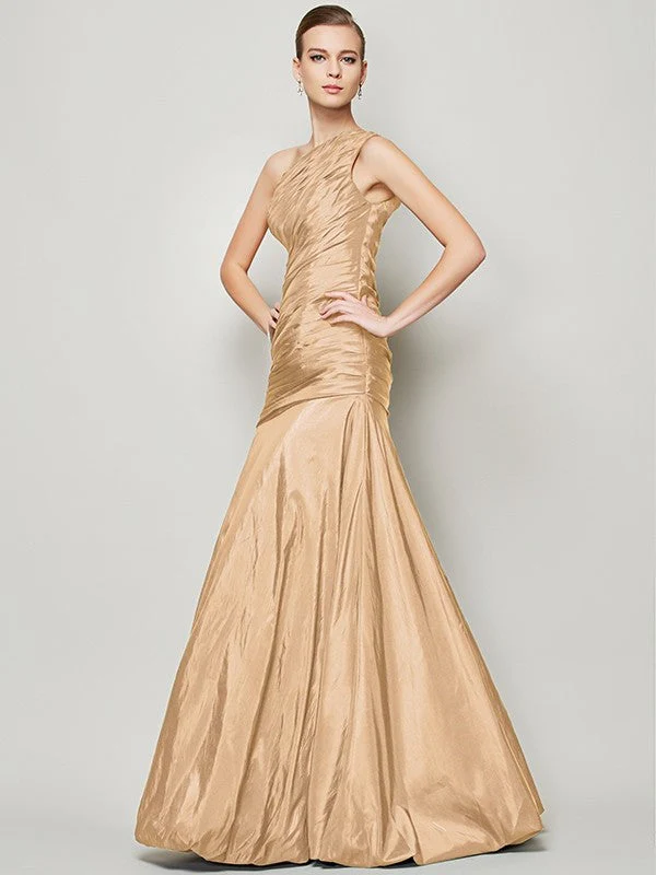 Classy Sleeveless One Shoulders Pleats Long Taffeta Bridesmaid Dresses - Image 12
