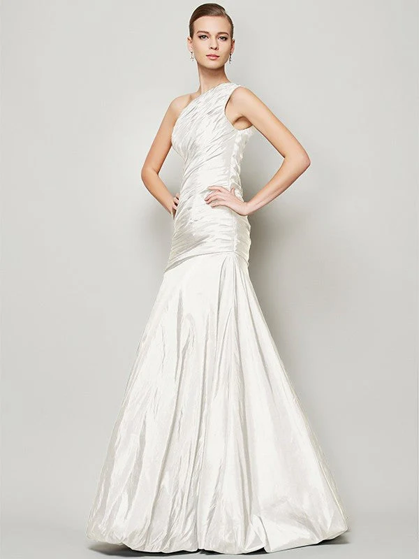 Classy Sleeveless One Shoulders Pleats Long Taffeta Bridesmaid Dresses - Image 16