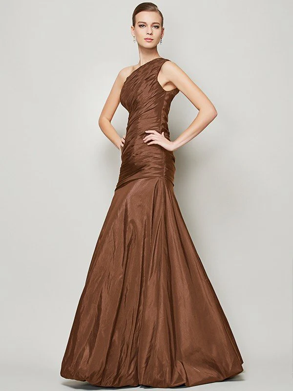 Classy Sleeveless One Shoulders Pleats Long Taffeta Bridesmaid Dresses - Image 4