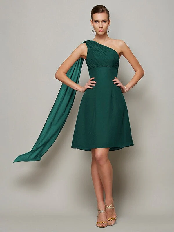 Classy Sleeveless One Shoulders Pleats Short Chiffon Bridesmaid Dresses - Image 11