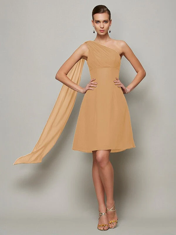 Classy Sleeveless One Shoulders Pleats Short Chiffon Bridesmaid Dresses - Image 12