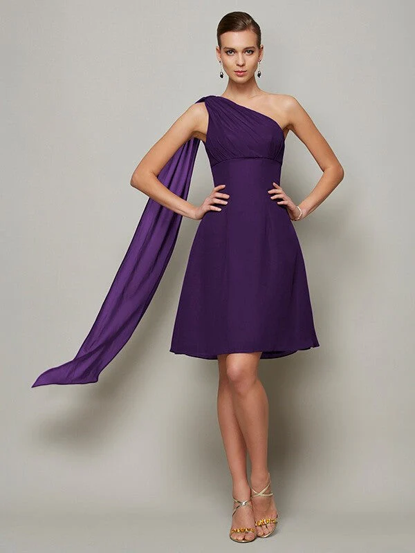 Classy Sleeveless One Shoulders Pleats Short Chiffon Bridesmaid Dresses - Image 13