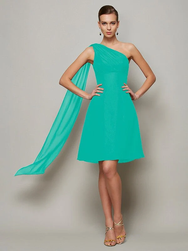 Classy Sleeveless One Shoulders Pleats Short Chiffon Bridesmaid Dresses - Image 14
