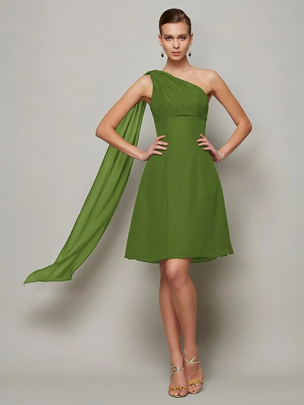 Classy Sleeveless One Shoulders Pleats Short Chiffon Bridesmaid Dresses - Image 15