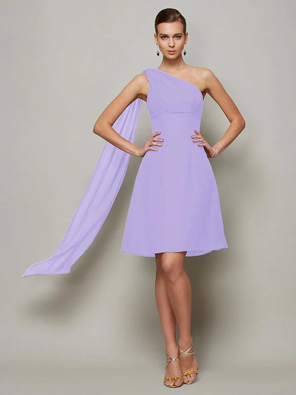 Classy Sleeveless One Shoulders Pleats Short Chiffon Bridesmaid Dresses - Image 16