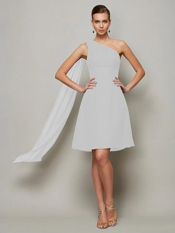 Classy Sleeveless One Shoulders Pleats Short Chiffon Bridesmaid Dresses - Image 18