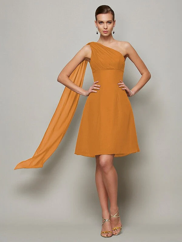 Classy Sleeveless One Shoulders Pleats Short Chiffon Bridesmaid Dresses - Image 20