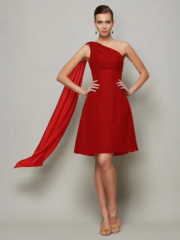 Classy Sleeveless One Shoulders Pleats Short Chiffon Bridesmaid Dresses - Image 22