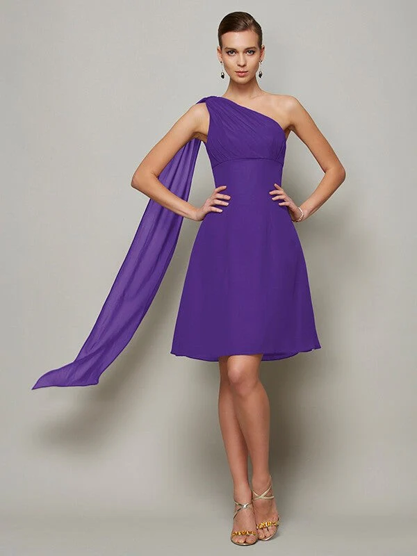 Classy Sleeveless One Shoulders Pleats Short Chiffon Bridesmaid Dresses - Image 23
