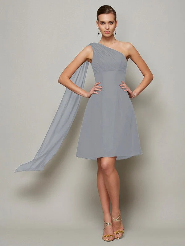 Classy Sleeveless One Shoulders Pleats Short Chiffon Bridesmaid Dresses - Image 26
