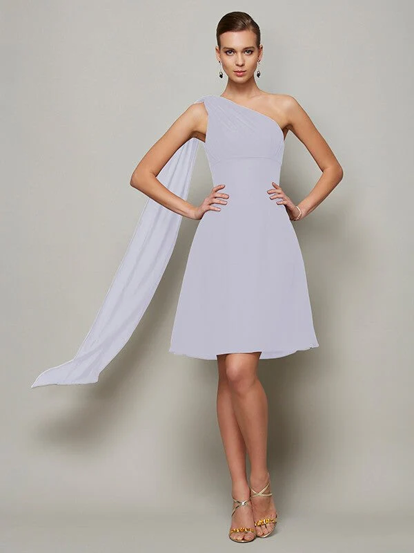 Classy Sleeveless One Shoulders Pleats Short Chiffon Bridesmaid Dresses - Image 29