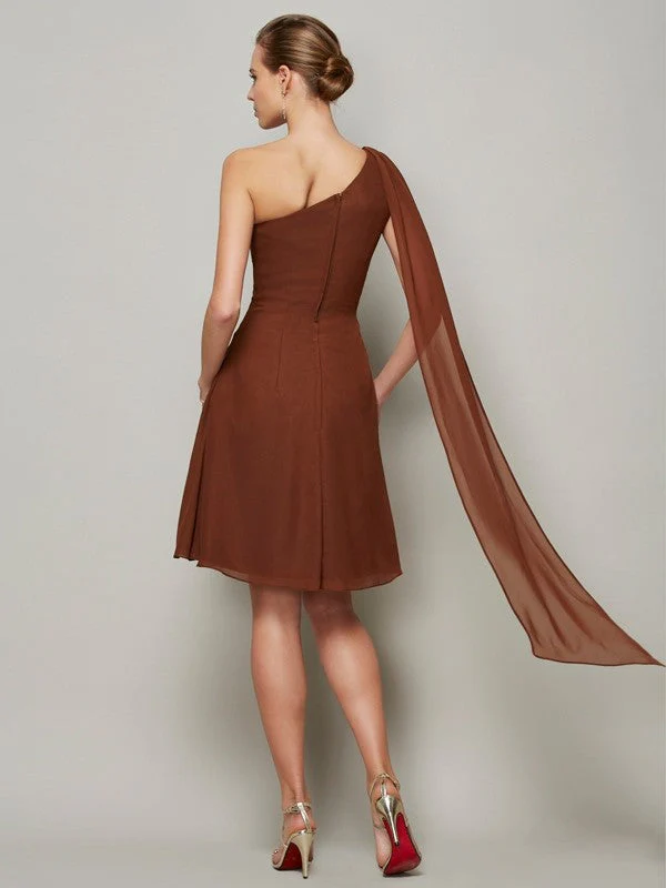 Classy Sleeveless One Shoulders Pleats Short Chiffon Bridesmaid Dresses - Image 30