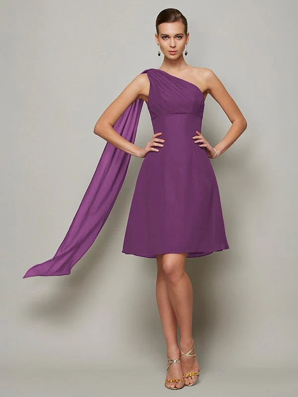 Classy Sleeveless One Shoulders Pleats Short Chiffon Bridesmaid Dresses - Image 4