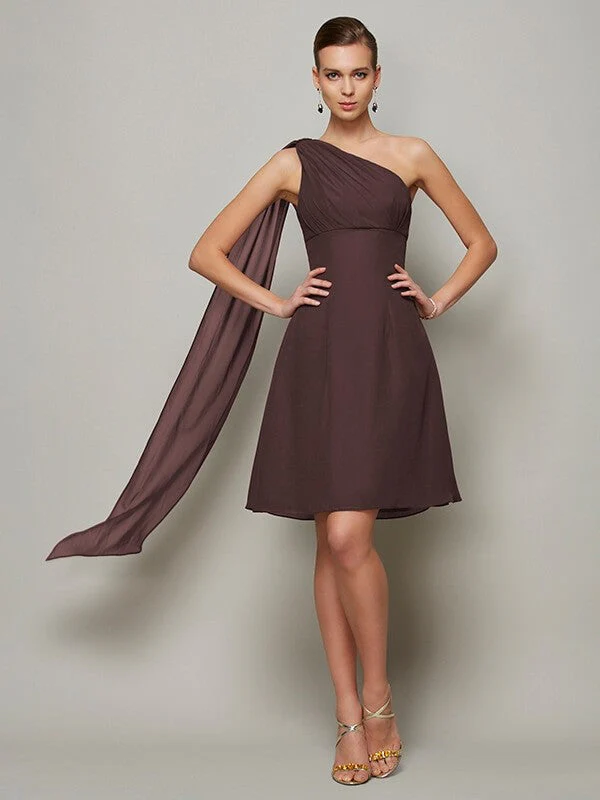 Classy Sleeveless One Shoulders Pleats Short Chiffon Bridesmaid Dresses - Image 7